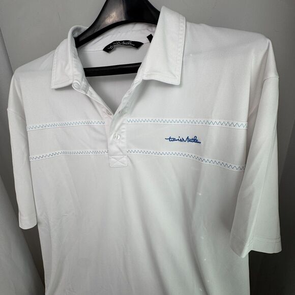 TravisMathew Men’s XL Golf Polo Shirt White Blue Logo & Stitching Cotton Blend - Picture 3 of 7